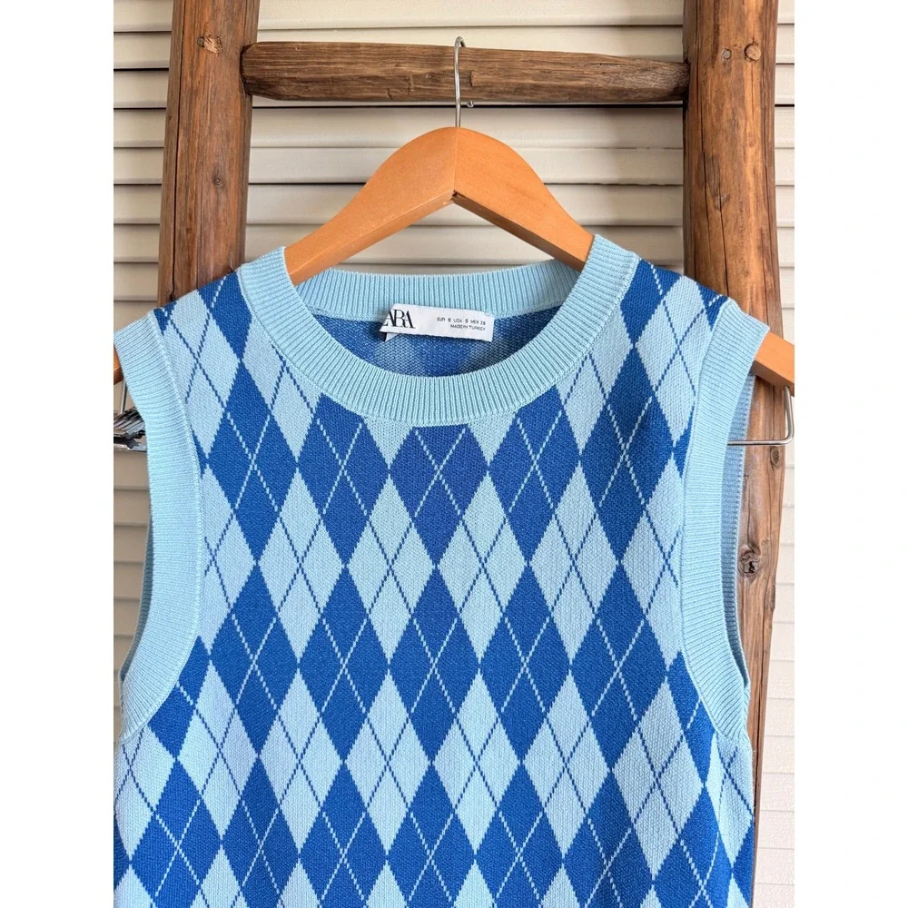 Zara Womens Blue Argyle Knit Sleeveless Mini‎ Dress Size Small Preppy Crew Neck